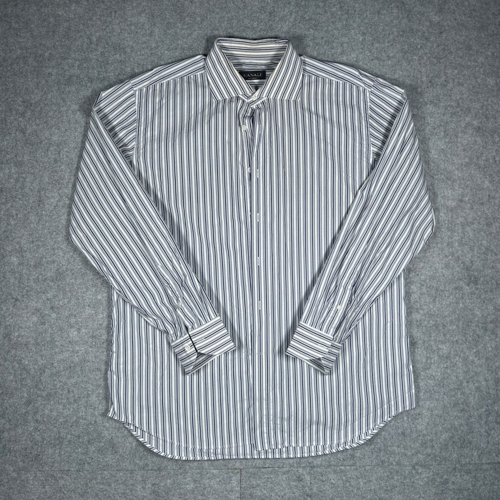 Canali Dress Shirt Mens 17.5 XL Blue White Striped Cotton Italy made button down